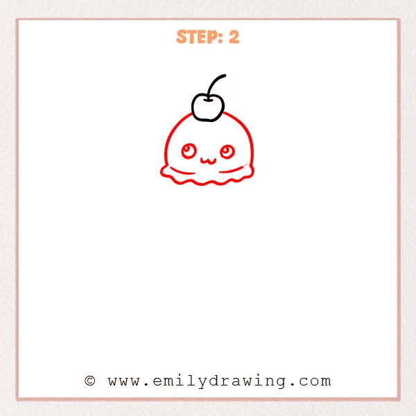 how to draw a cartoon ice cream - A cartoon ice cream scoop beneath the cherry with a wavy melted edge and a cute face with round eyes and a w-shaped mouth.